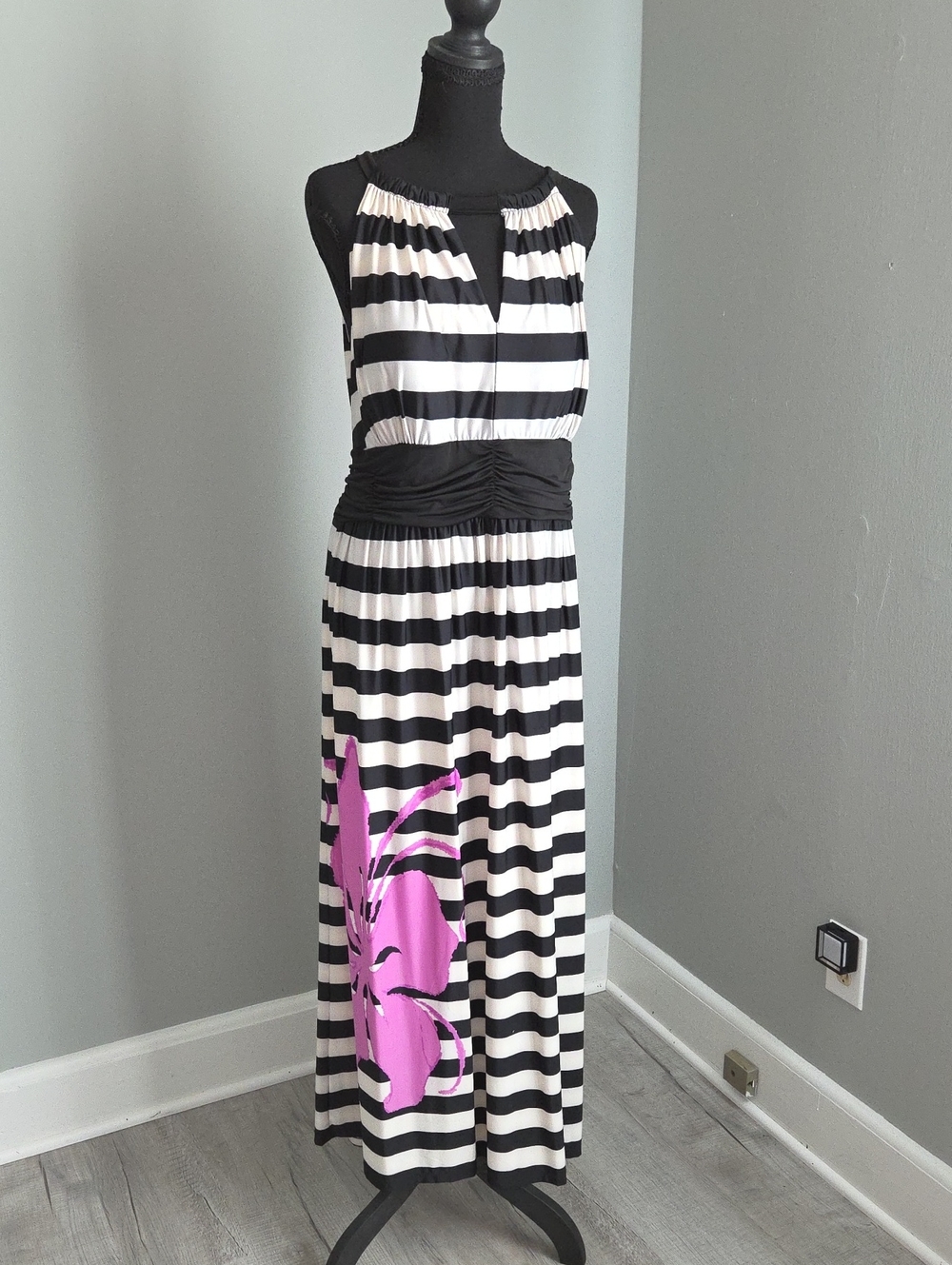 Blooming Rose Sleeveless Black & White Striped Maxi Dress 2X